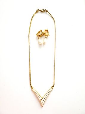 Gold V-Shaped Pendant Necklace with Pearl Drop Clip-On Earrings. 1980s